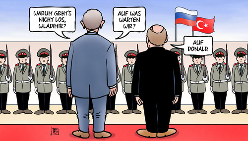 Cartoon: Putin-Erdogan (medium) by Harm Bengen tagged putin,erdogan,russland,türkei,wladimir,donald,trump,empfang,staatsbesuch,harm,bengen,cartoon,karikatur,putin,erdogan,russland,türkei,wladimir,donald,trump,empfang,staatsbesuch,harm,bengen,cartoon,karikatur