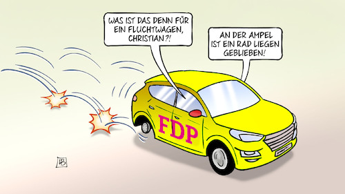 Cartoon: Rad verloren (medium) by Harm Bengen tagged fluchtwagen,christian,lindner,rad,finanzminister,fdp,scholz,ampel,rausschmiss,koalition,ende,harm,bengen,cartoon,karikatur,fluchtwagen,christian,lindner,rad,finanzminister,fdp,scholz,ampel,rausschmiss,koalition,ende,harm,bengen,cartoon,karikatur