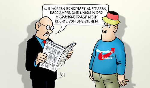 Cartoon: Rechtsruck in Migrationsfrage (medium) by Harm Bengen tagged afd,ampel,union,migrationsfrage,rechtsruck,flüchtlinge,harm,bengen,cartoon,karikatur,afd,ampel,union,migrationsfrage,rechtsruck,flüchtlinge,harm,bengen,cartoon,karikatur
