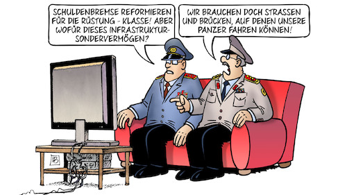 Cartoon: Rüstung und Infrastruktur (medium) by Harm Bengen tagged schuldenbremse,reformieren,aussetzen,rüstung,infrastruktur,sondervermögen,strassen,brücken,panzer,tv,generäle,harm,bengen,cartoon,karikatur,schuldenbremse,reformieren,aussetzen,rüstung,infrastruktur,sondervermögen,strassen,brücken,panzer,tv,generäle,harm,bengen,cartoon,karikatur