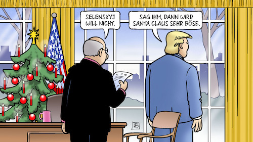 Cartoon: Santa wird böse (medium) by Harm Bengen tagged selenskyj,ukraine,russland,krieg,usa,friedensplan,ablehnung,oval,office,weihnachten,trump,santa,claus,böse,harm,bengen,cartoon,karikatur,selenskyj,ukraine,russland,krieg,usa,friedensplan,ablehnung,oval,office,weihnachten,trump,santa,claus,böse,harm,bengen,cartoon,karikatur