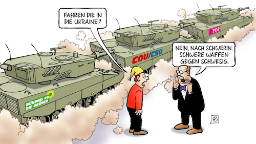 Cartoon: Schwere Waffen nach Schwerin (medium) by Harm Bengen tagged schwerin,schwere,waffen,schwesig,spd,fdp,grüne,cdu,csu,kritik,panzer,michel,russland,ukraine,krieg,harm,bengen,cartoon,karikatur,schwerin,schwere,waffen,schwesig,spd,fdp,grüne,cdu,csu,kritik,panzer,michel,russland,ukraine,krieg,harm,bengen,cartoon,karikatur