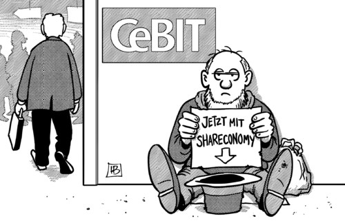 Cartoon: Shareconomy (medium) by Harm Bengen tagged shareconomy,share,economy,cebit,hannover,messe,computer,internet,bettler,hut,harm,bengen,cartoon,karikatur