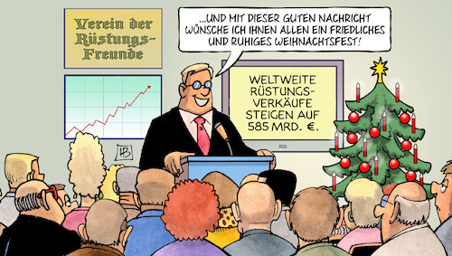 Cartoon: Sipri-Bericht 2025 (medium) by Harm Bengen tagged rüstungsausgaben,rüstungsfreunde,bilanz,sipri,bericht,weihnachtsfest,krieg,harm,bengen,cartoon,karikatur,rüstungsausgaben,rüstungsfreunde,bilanz,sipri,bericht,weihnachtsfest,krieg,harm,bengen,cartoon,karikatur