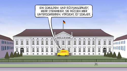 Cartoon: Steinmeier unterschreibt (medium) by Harm Bengen tagged schuldenpaket,rüstungspaket,bellevue,steinmeier,bundespräsident,unterschreiben,dhl,lieferwagen,paketwagen,harm,bengen,cartoon,karikatur,schuldenpaket,rüstungspaket,bellevue,steinmeier,bundespräsident,unterschreiben,dhl,lieferwagen,paketwagen,harm,bengen,cartoon,karikatur