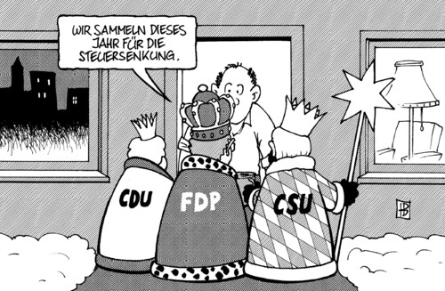 Cartoon: Sternsinger 2010 (medium) by Harm Bengen tagged sternsinger,könige,regierung,koalition,fdp,cdu,csu,angela merkel,guido westerwelle,horst seehofer,stern,steuer,steuersenkung,steuererleichterung,betteln,sammeln,finanzierung,abgaben,angela,merkel,guido,westerwelle,horst,seehofer