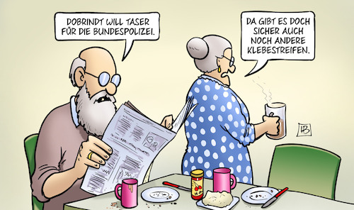Cartoon: Taser (medium) by Harm Bengen tagged dobrindt,taser,elektroschocker,tesa,bundespolizei,klebestreifen,susemil,harm,bengen,cartoon,karikatur,dobrindt,taser,elektroschocker,tesa,bundespolizei,klebestreifen,susemil,harm,bengen,cartoon,karikatur