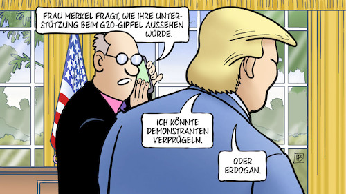 Cartoon: Trump-G20-Unterstützung (medium) by Harm Bengen tagged trump,usa,merkel,unterstützung,g20,gipfel,hamburg,demonstranten,verprügeln,erdogan,handy,harm,bengen,cartoon,karikatur,trump,usa,merkel,unterstützung,g20,gipfel,hamburg,demonstranten,verprügeln,erdogan,handy,harm,bengen,cartoon,karikatur