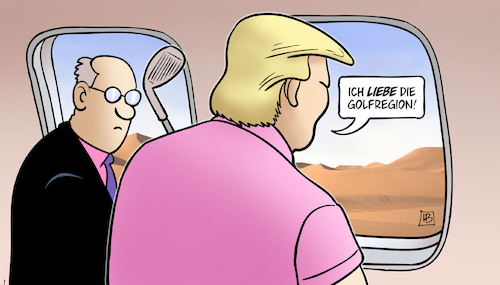 Cartoon: Trump in Golfregion (medium) by Harm Bengen tagged golfregion,trump,wüste,saudi,arabien,vae,katar,flugzeug,harm,bengen,cartoon,karikatur,golfregion,trump,wüste,saudi,arabien,vae,katar,flugzeug,harm,bengen,cartoon,karikatur