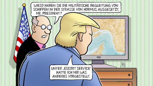 Cartoon: Trumps Escort Service (medium) by Harm Bengen tagged begleitung,schiffe,straße,von,hormus,escort,service,monitor,usa,iran,krieg,trump,harm,bengen,cartoon,karikatur,begleitung,schiffe,straße,von,hormus,escort,service,monitor,usa,iran,krieg,trump,harm,bengen,cartoon,karikatur