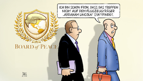 Cartoon: Trumps Friedensrat (medium) by Harm Bengen tagged treffen,flugzeugträger,abraham,lincoln,trump,friedensrat,board,of,peace,harm,bengen,cartoon,karikatur,treffen,flugzeugträger,abraham,lincoln,trump,friedensrat,board,of,peace,harm,bengen,cartoon,karikatur