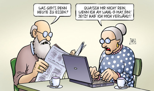 Cartoon: Verwaehlt am Wahl-O-Mat (medium) by Harm Bengen tagged essen,wahlomat,2025,computer,laptop,internet,bundestagswahl,susemil,harm,bengen,cartoon,karikatur,essen,wahlomat,2025,computer,laptop,internet,bundestagswahl,susemil,harm,bengen,cartoon,karikatur