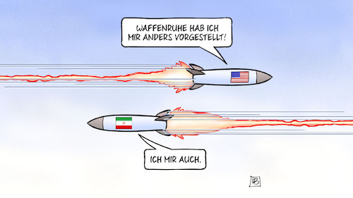Cartoon: Waffenruhe anders vorgestellt (medium) by Harm Bengen tagged raketen,angriffe,iran,usa,waffenruhe,krieg,harm,bengen,cartoon,karikatur,raketen,angriffe,iran,usa,waffenruhe,krieg,harm,bengen,cartoon,karikatur