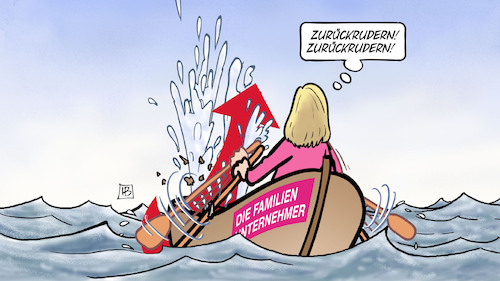 Cartoon: Zurückrudern (medium) by Harm Bengen tagged familienunternehmer,familienunternehmen,ostermann,boot,ruderboot,zurückrudern,afd,brandmauer,wasser,leck,untergang,harm,bengen,cartoon,karikatur,familienunternehmer,familienunternehmen,ostermann,boot,ruderboot,zurückrudern,afd,brandmauer,wasser,leck,untergang,harm,bengen,cartoon,karikatur