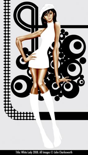 Cartoon: White Lady (medium) by johncharlesworth tagged lady,woman,girl,pastiche,retro,sixties,fashion,white,black,seventies,circles,london,carnaby,street,model,tall,mini,skirt