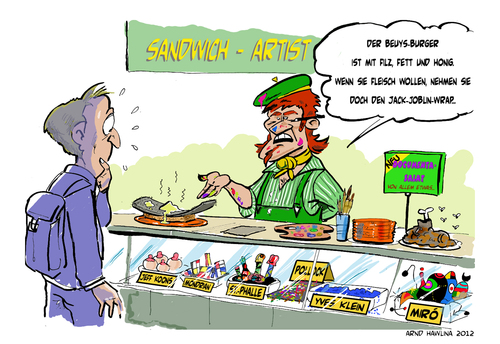 Cartoon: Sandwich-Artist (medium) by pianoman68 tagged künstler,beuys,essen,kunst,fastfood,schnellrestaurant,denglisch,anglizismen