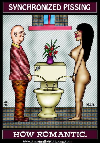 Cartoon: Synchronized Pissing. (medium) by Mike Baird tagged gay,peeing,toilet,ladyboys,happy