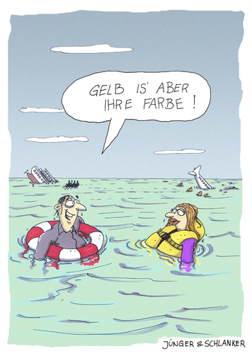 Cartoon: Fishing for compliments (medium) by Jünger  Schlanker tagged katastrophe,flugzeugunglück,schiffsunglück,rettungsweste,meer,mann,frau,kompliment