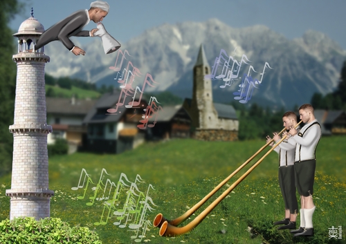 Cartoon: Eine Alpensymphonie (medium) by Dadaphil tagged richard,strauss,alpensymphonie,minarett,switzerland,schweiz,alpine,symphony,symphonie,alpestre,suisse,musique,musik,music
