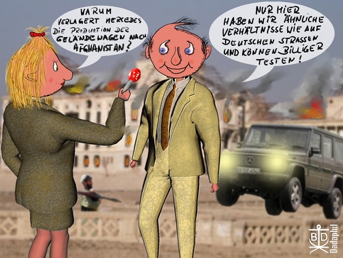 Cartoon: Mercedes in Afghanistan (medium) by Dadaphil tagged mercedes,gl,geländewagen,produktion,afghanistan,autobahn,strassen