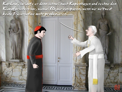 Cartoon: Vatikan und Klimagipfel (medium) by Dadaphil tagged kopenhagen,klimagipfel,klimawandel,erderwärmung,co15,co2,schadstoffausstoss,co2reduction,copenhagen,summit,climate