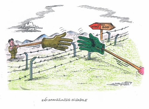 Cartoon: Annäherung in Korea (medium) by mandzel tagged nordkorea,südkorea,entspannungsbemühungen,nordkorea,südkorea,entspannungsbemühungen