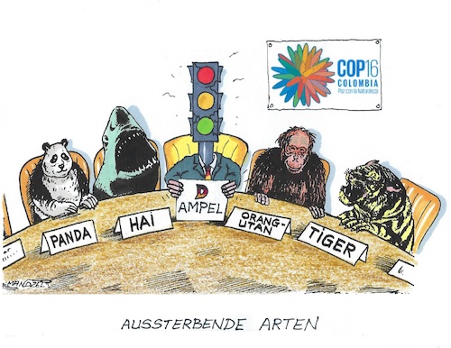 Cartoon: Artenschutz (medium) by mandzel tagged ampel,deutschland,umweltschäden,konferenz,artensterben,ampel,deutschland,umweltschäden,konferenz,artensterben