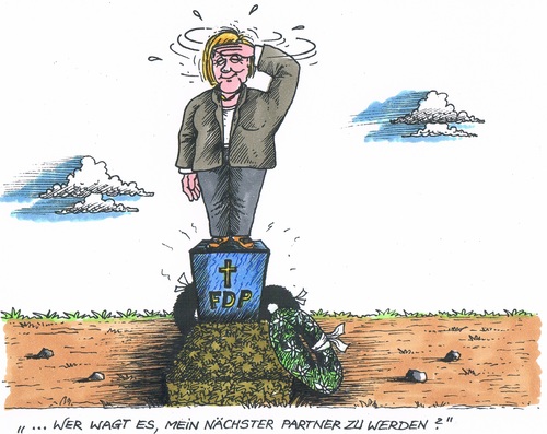 Cartoon: Auf Partnersuche (medium) by mandzel tagged merkel,koalitionspartner,grabstein,fdp,partnersuche,merkel,koalitionspartner,grabstein,fdp,partnersuche
