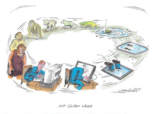 Cartoon: Auf und Ab der Evolution (medium) by mandzel tagged evolution,ki,natur,einwirkungen,auswirkungen,evolution,ki,natur,einwirkungen,auswirkungen