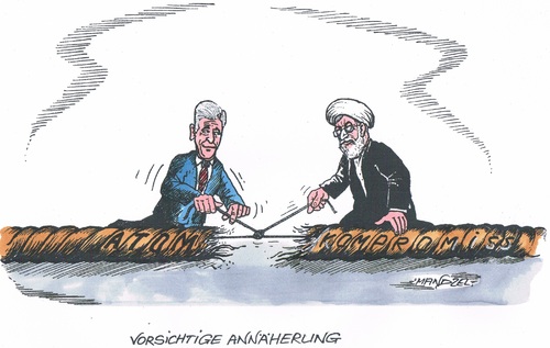 Cartoon: Bewegung im Atomstreit (medium) by mandzel tagged ruhani,kerry,iran,usa,atomtechnik,kompromiss,ruhani,kerry,iran,usa,atomtechnik,kompromiss