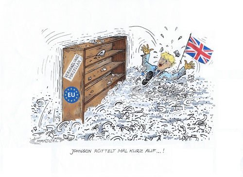 Cartoon: Brexit-Verhandlungen (medium) by mandzel tagged brexit,johnson,verhandlungen,diplomatie,großbritannien,eu,brexit,johnson,verhandlungen,diplomatie,großbritannien,eu