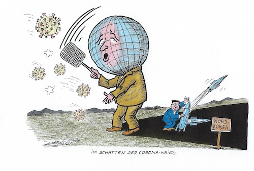 Cartoon: Corona und Nordkorea (medium) by mandzel tagged corona,pandemie,panik,chaos,hysterie,nordkorea,raketentests,corona,pandemie,panik,chaos,hysterie,nordkorea,raketentests