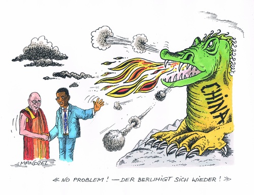 Cartoon: Dalai Lama bei Obama (medium) by mandzel tagged dalai,lama,china,obama,besuch,drache,dalai,lama,china,obama,besuch,drache