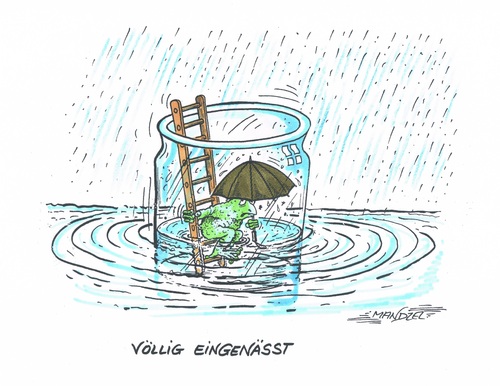 Cartoon: Dauerregen in Deutschland (medium) by mandzel tagged wetterglas,wetterfrosch,regenschirm,untergang,wasserfülle,wetterglas,wetterfrosch,regenschirm,untergang,wasserfülle