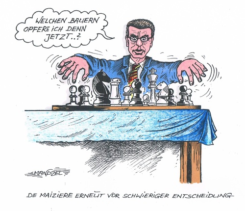 Cartoon: De Maizieres neue Entscheidung (medium) by mandzel tagged verteidigungsminister,drohnenskandal,schachspiel,bauernopfer,verteidigungsminister,drohnenskandal,schachspiel,bauernopfer