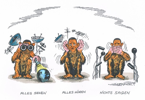 Cartoon: Die drei Affen (medium) by mandzel tagged obama,lauschaffäre,abhören,affen,obama,lauschaffäre,abhören,affen
