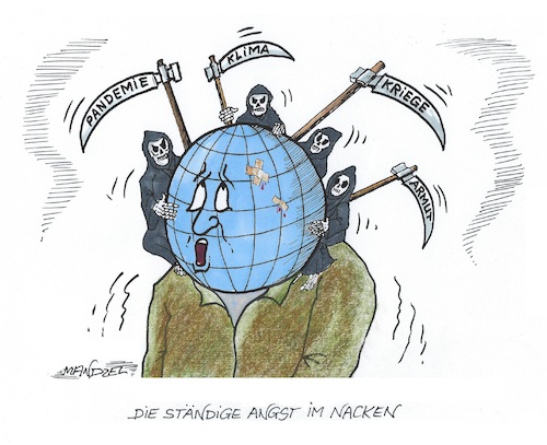 Cartoon: Die Welt im Albtraum (medium) by mandzel tagged klimakatastrophe,kriege,pandemien,armut,klimakatastrophe,kriege,pandemien,armut