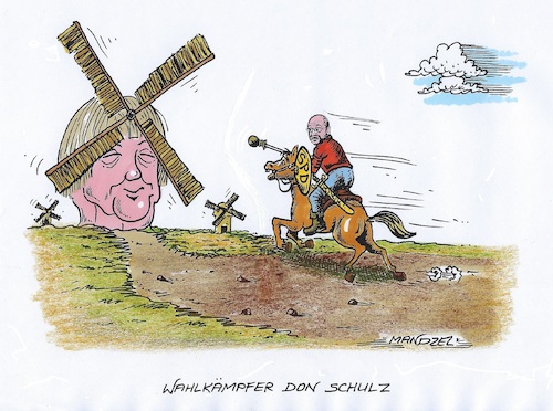 Cartoon: Donquichotterie (medium) by mandzel tagged windmühlen,spd,schulz,merkel,cdu,wahlkampf,chancenlosigkeit,windmühlen,spd,schulz,merkel,cdu,wahlkampf,chancenlosigkeit