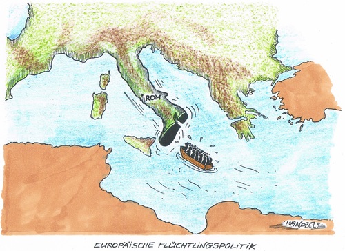 Cartoon: Flüchtlingspolitik (medium) by mandzel tagged italien,flüchtlinge,seenot,abwehrhaltung,mittelmeer,afrika,italien,flüchtlinge,seenot,abwehrhaltung,mittelmeer,afrika