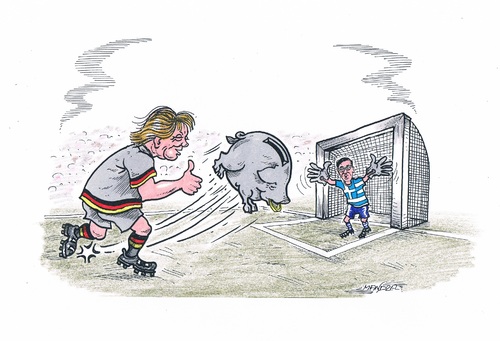 Cartoon: Fußballspiel (medium) by mandzel tagged fußball,merkel,griechenland,sparschwein,fußball,griechenland,sparschwein