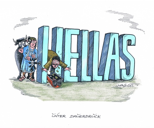 Cartoon: Hellas unter Dauerdruck (medium) by mandzel tagged hellas,griechenland,dauerdruck,schraubzwinge,euro,eu,hellas,griechenland,dauerdruck,schraubzwinge,euro,eu