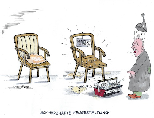 Cartoon: In Planung (medium) by mandzel tagged koalition,rente,reformen,neugestaltung,deutschland,niveausenkung,koalition,rente,reformen,neugestaltung,deutschland,niveausenkung