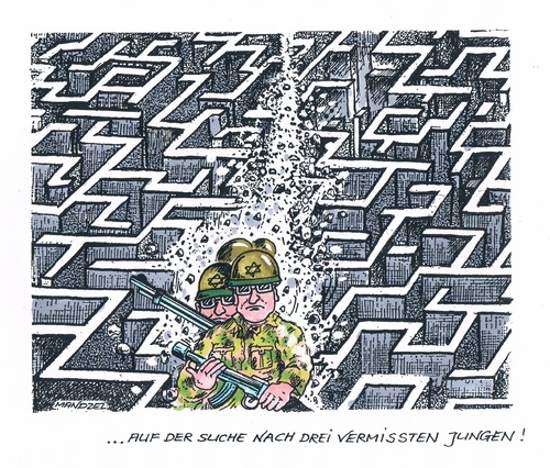 Cartoon: Israelische Suchakion (medium) by mandzel tagged labyrinth,soldaten,vermisstensuche,jugendliche,israel,israel,jugendliche,vermisstensuche,soldaten,labyrinth