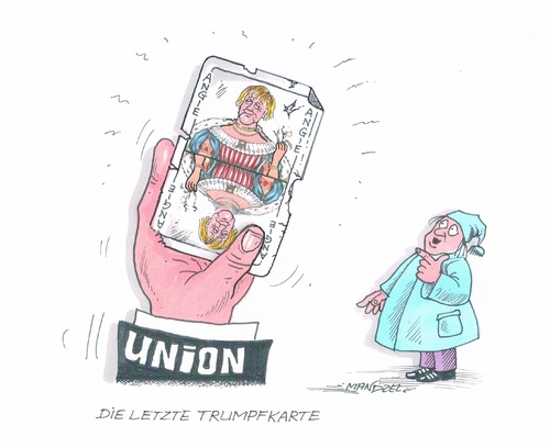 Cartoon: Kanzlerkandidatin Merkel (medium) by mandzel tagged merkel,kanzlerkandidatin,union,wahlen,deutschland,trumpfkarte,merkel,kanzlerkandidatin,union,wahlen,deutschland,trumpfkarte
