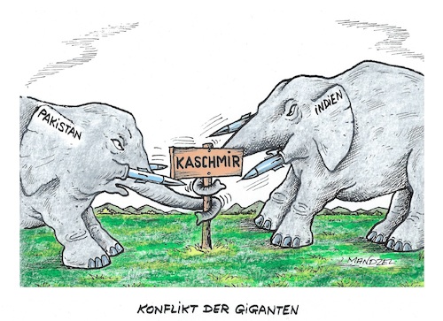 Cartoon: Kräftemessen (medium) by mandzel tagged indien,pakistan,kaschmir,kriegsbereitschaft,indien,pakistan,kaschmir,kriegsbereitschaft