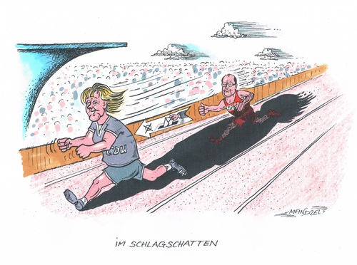 Cartoon: Merkel im Wahlkampfwettlauf vorn (medium) by mandzel tagged steinbrück,merkel,schlagschatten,wahlkampfrennen,steinbrück,merkel,schlagschatten,wahlkampfrennen