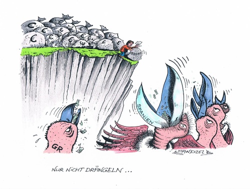 Cartoon: Nur nicht drängeln ... (medium) by mandzel tagged marode,staaten,euro,krise,fütterung,der,geier,staaten,euro,krise