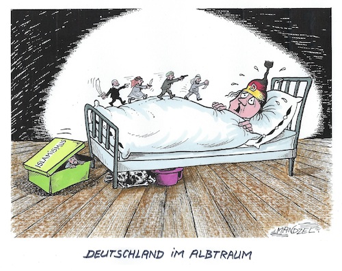 Cartoon: Schlafstörung (medium) by mandzel tagged radikalisierung,islamismus,migration,deutschland,politik,messerangriffe,radikalisierung,islamismus,migration,deutschland,politik,messerangriffe
