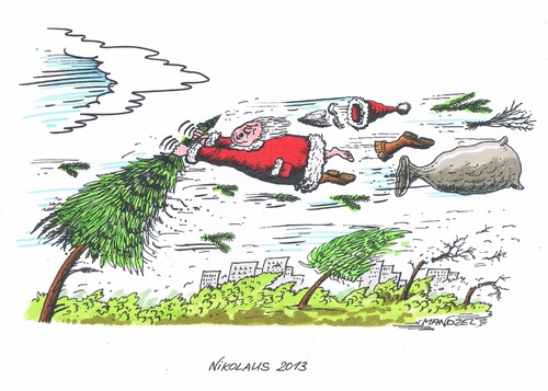 Cartoon: Schöne Bescherung (medium) by mandzel tagged nikolaus,orkan,verwüstung,nikolaus,orkan,verwüstung