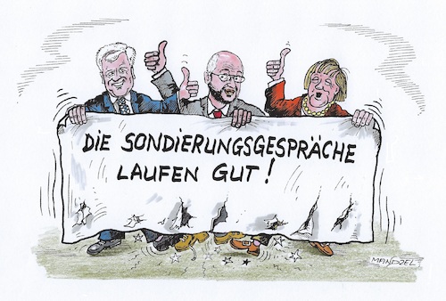 Cartoon: Sondierungsgespräche (medium) by mandzel tagged spd,csu,cdu,merkel,seehofer,schulz,sondierungsgespräche,spd,csu,cdu,merkel,seehofer,schulz,sondierungsgespräche